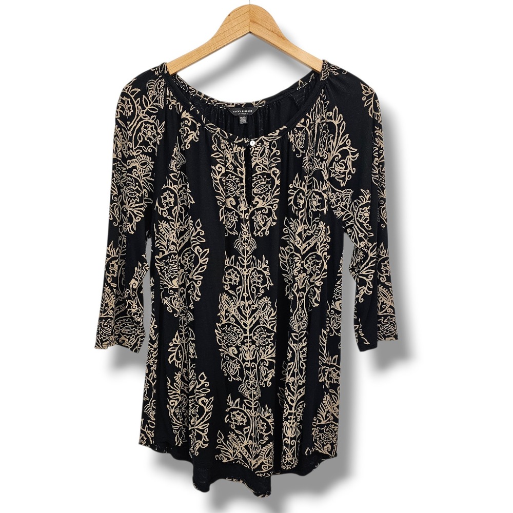 Lucky Brand Top 1X Black Tan Floral Damask Round Neck 3/4 Sleeve Boho Office